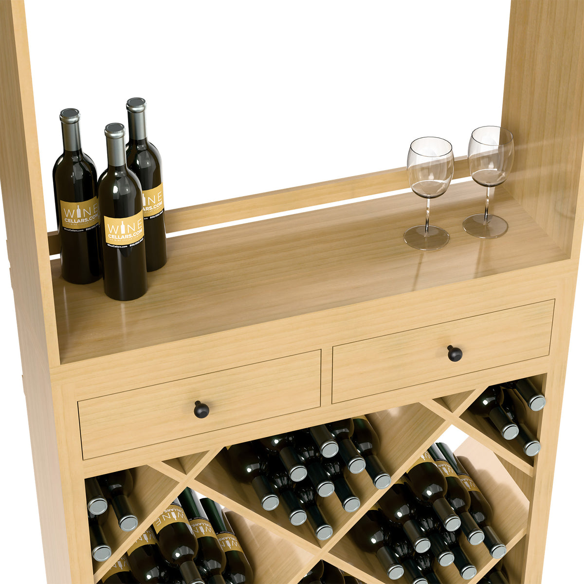 Light wood wine tasting station with two drawers and diamond wine rack bottle compartments