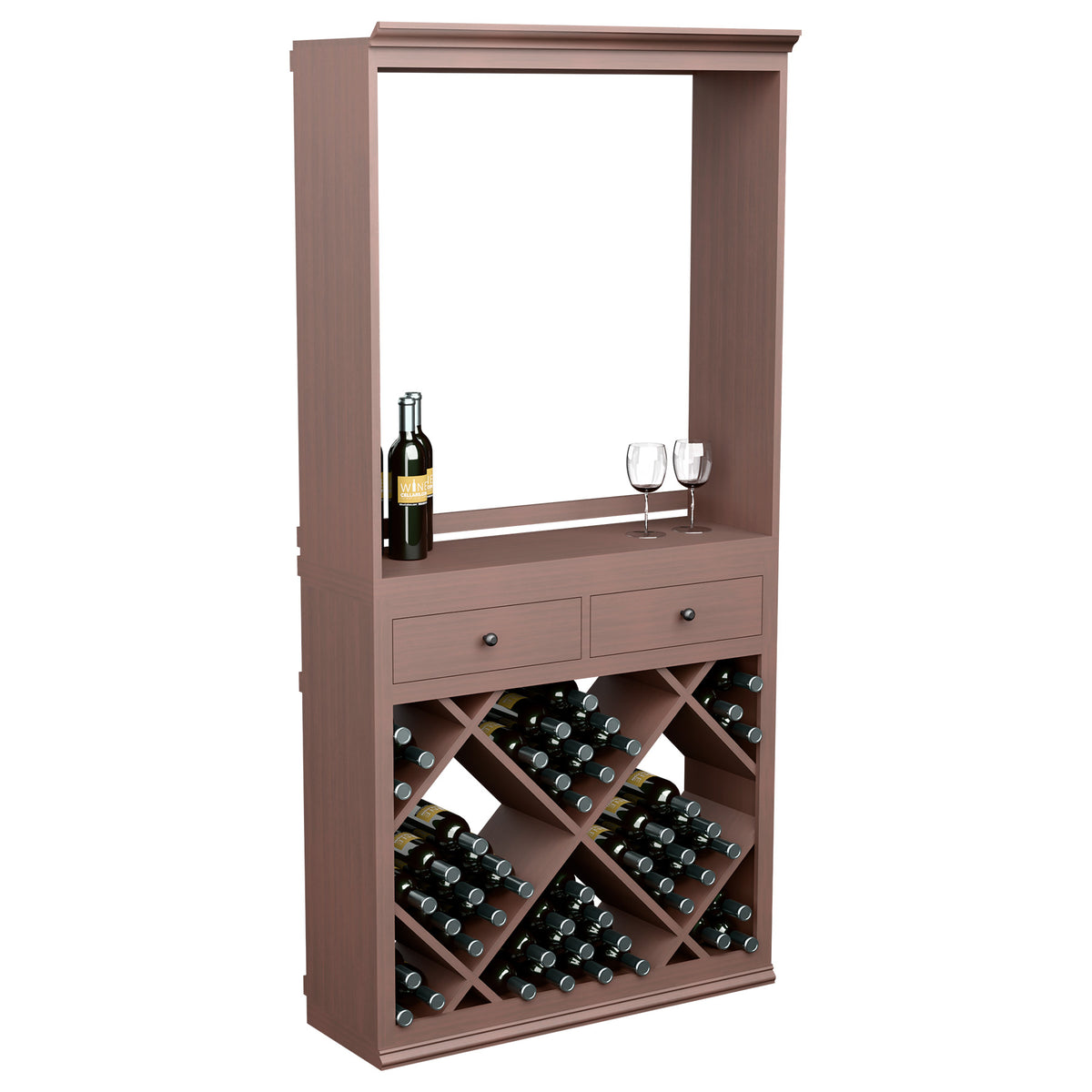 Brown wood wine tasting station cabinet with open shelf, diamond wine rack, and two drawers