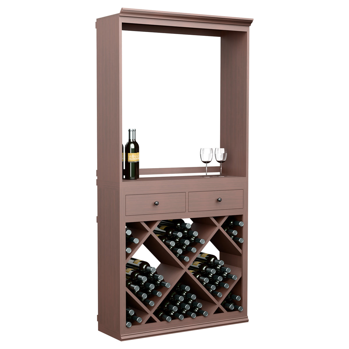 Brown wood wine tasting station cabinet with open service shelf and diamond bottle rack