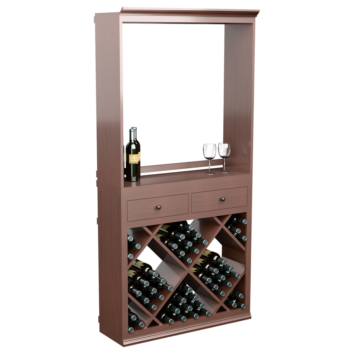 Solid wine bar cabinet with drawers, diagonal bottle crisscross rack, dark wood finish.