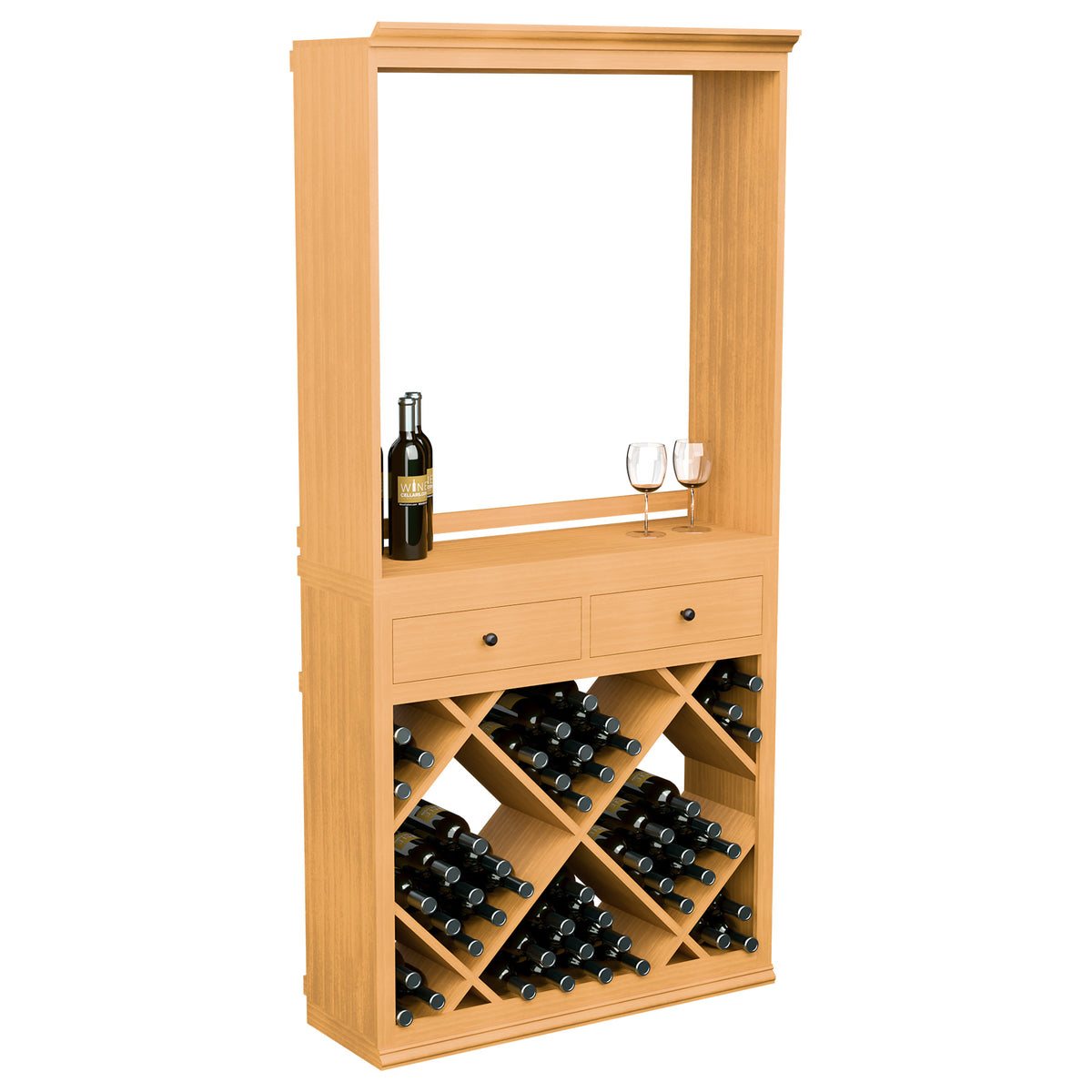 Wine tasting cabinet with drawers, diagonal bottle rack, and open display shelf in light wood.