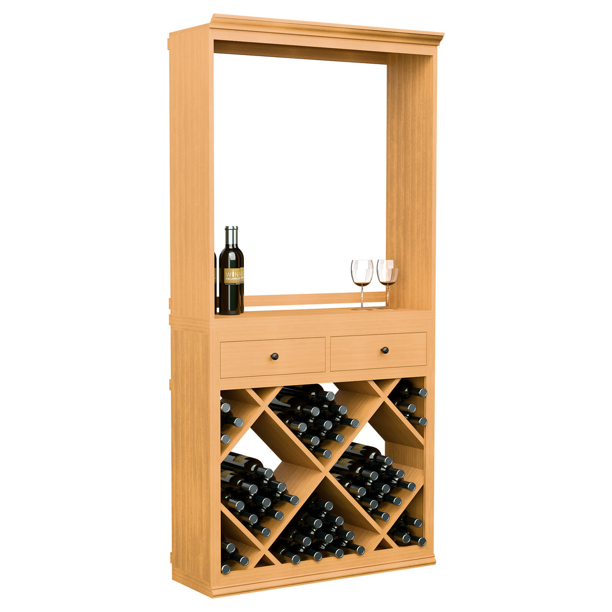Freestanding wine bar cabinet with drawers and crisscross bottle rack in light wood.