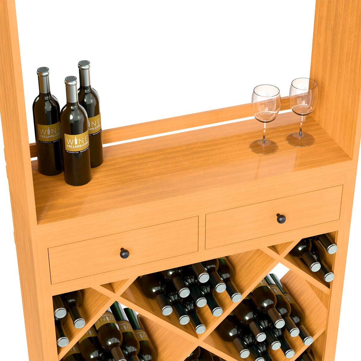 Wine tasting station with drawers and bottle rack on light wood, holding bottles and glasses.