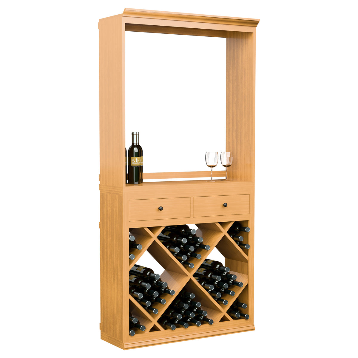 Freestanding wine bar cabinet with drawers, open shelf, and crisscross wine bottle rack in light wood.