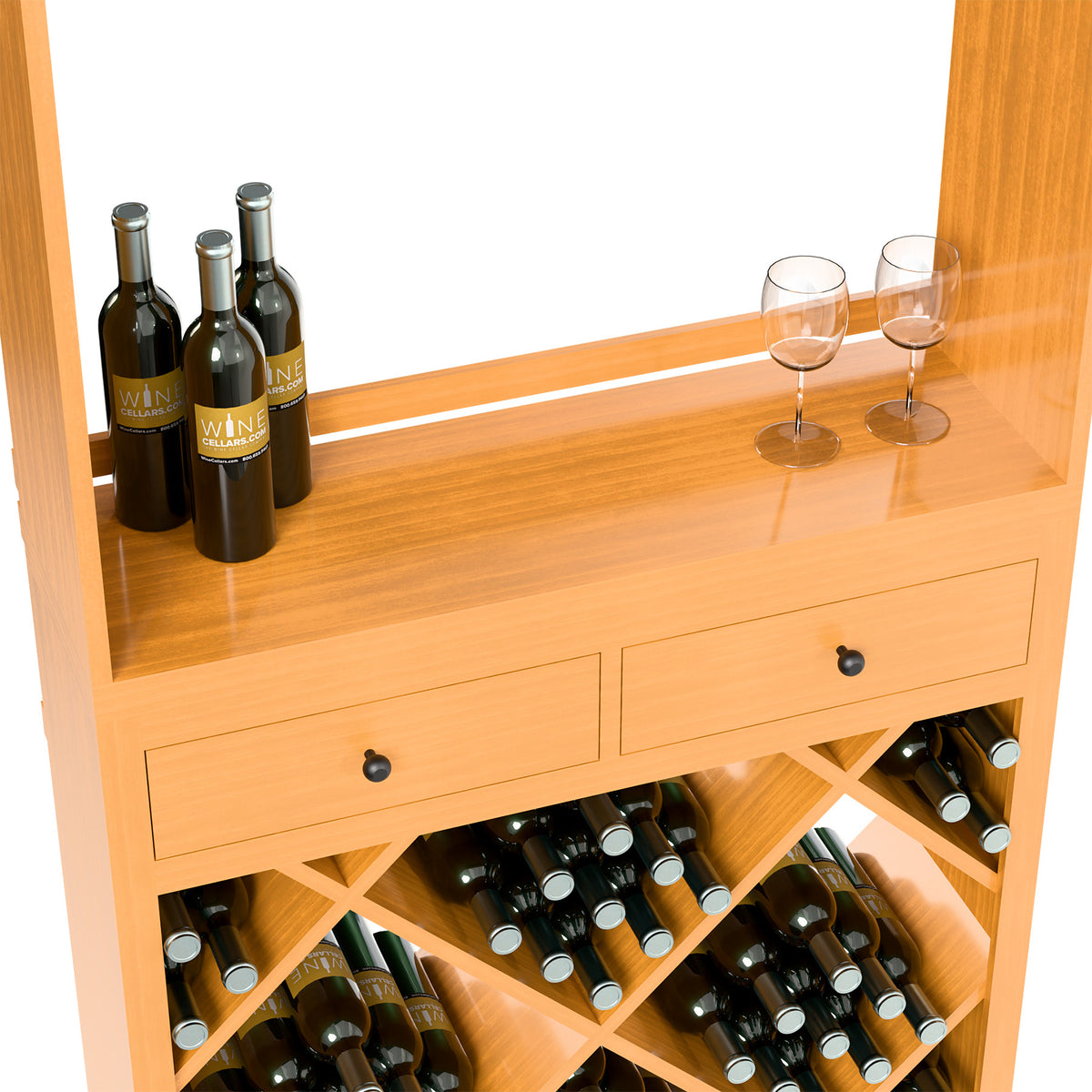 Wine tasting station with drawers and bottle rack on light wood, with bottles and stemware.