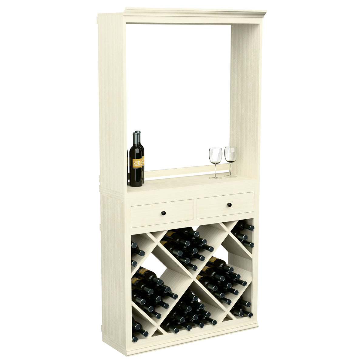 White wine tasting cabinet with open display, two drawers, and crisscross bottle racks