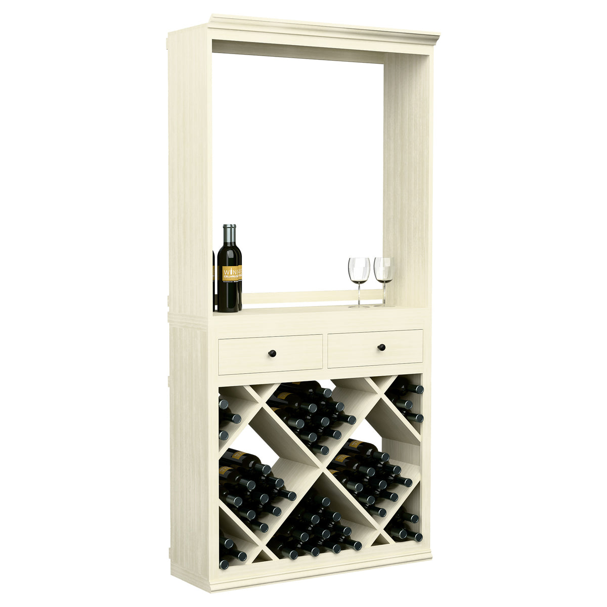 White wine tasting cabinet with mirror, bottle and wine glasses on top, drawers below