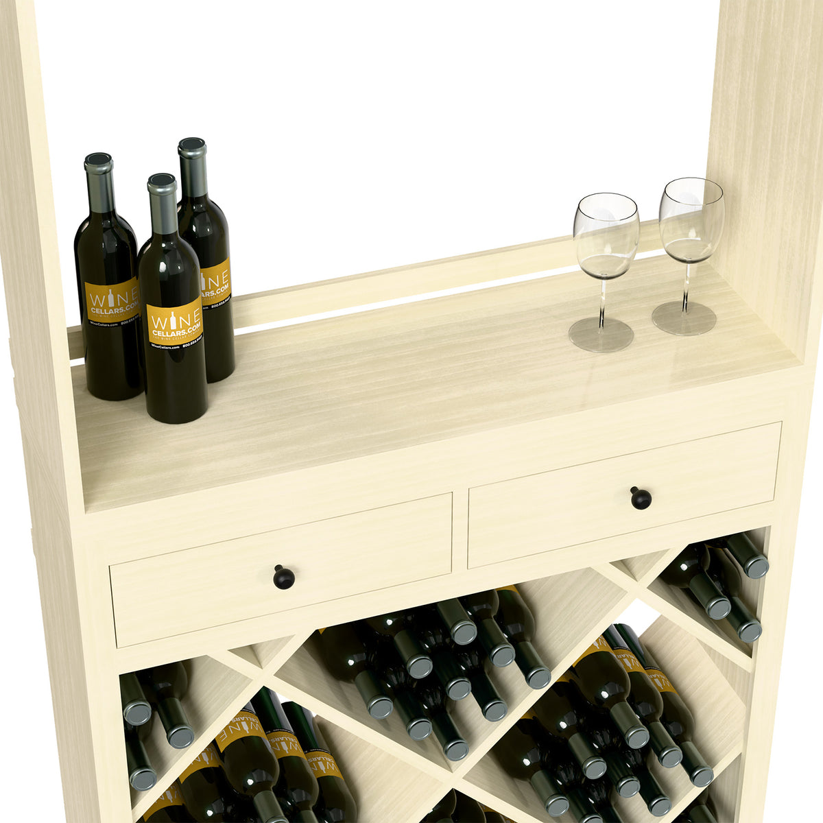 White cabinet front with two drawers and diagonal wine bottle storage cubbies