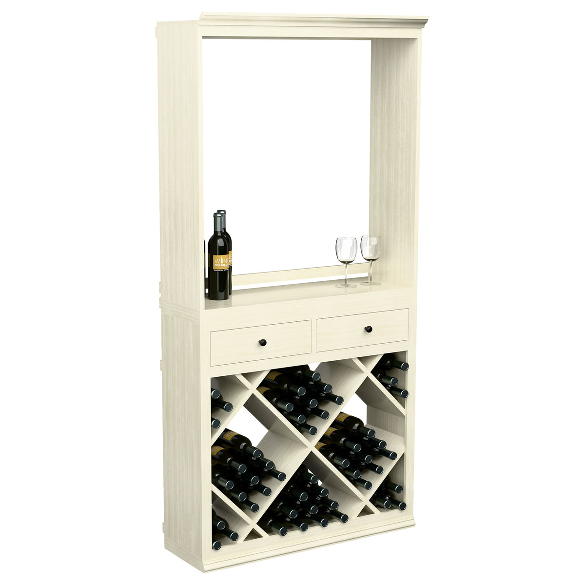 White wine tasting cabinet with mirror opening, wine bottle on shelf, and bottle racks