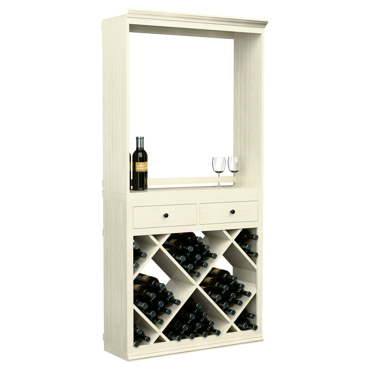 White wine tasting cabinet with mirror, bottle and two wine glasses, crisscross racks