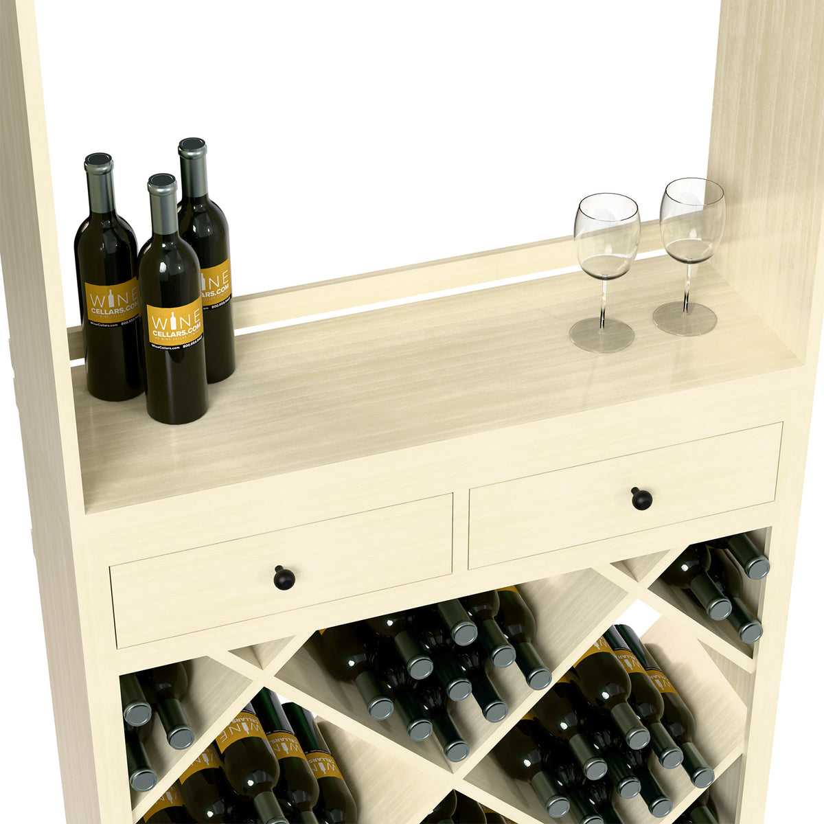 White wine storage cabinet with drawers and diagonal cubbies holding wine bottles