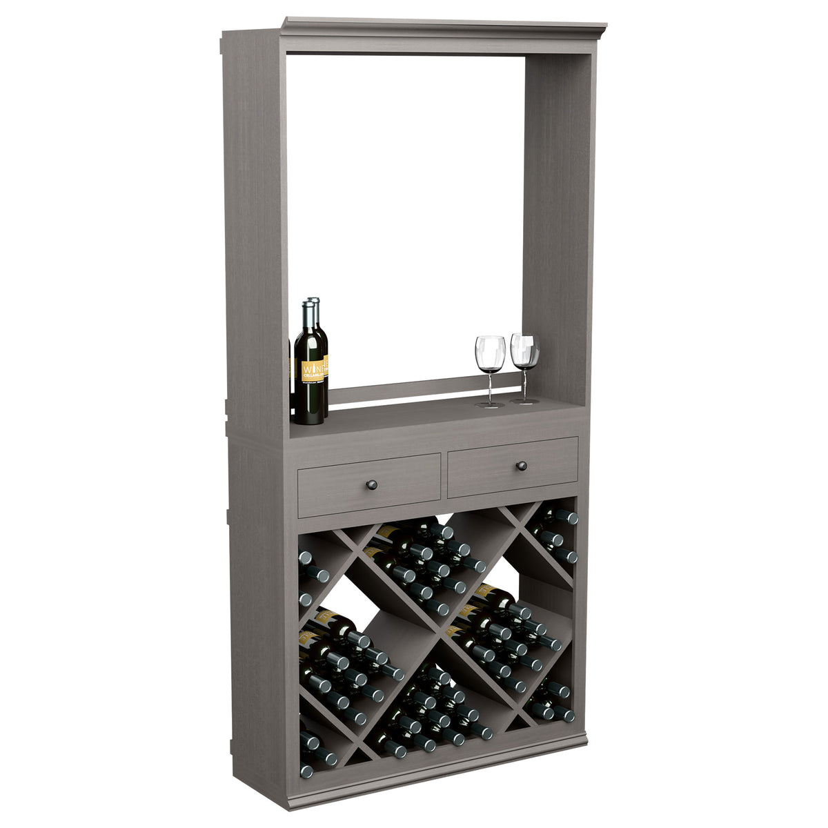 Gray wine tasting cabinet with mirror opening, two drawers, and crisscross bottle racks