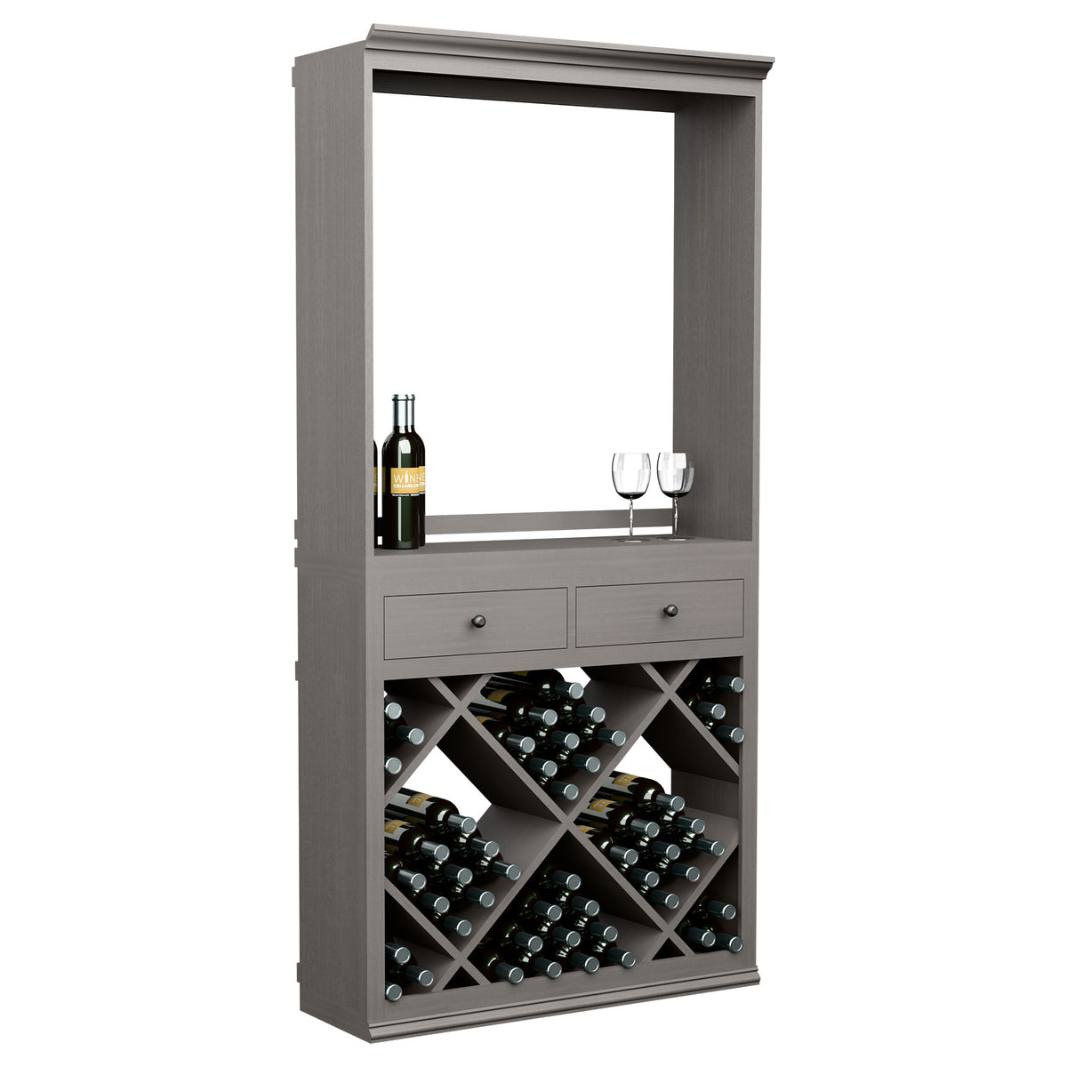 Gray wine tasting cabinet with mirror, bottle and wine glasses, drawers and bottle racks