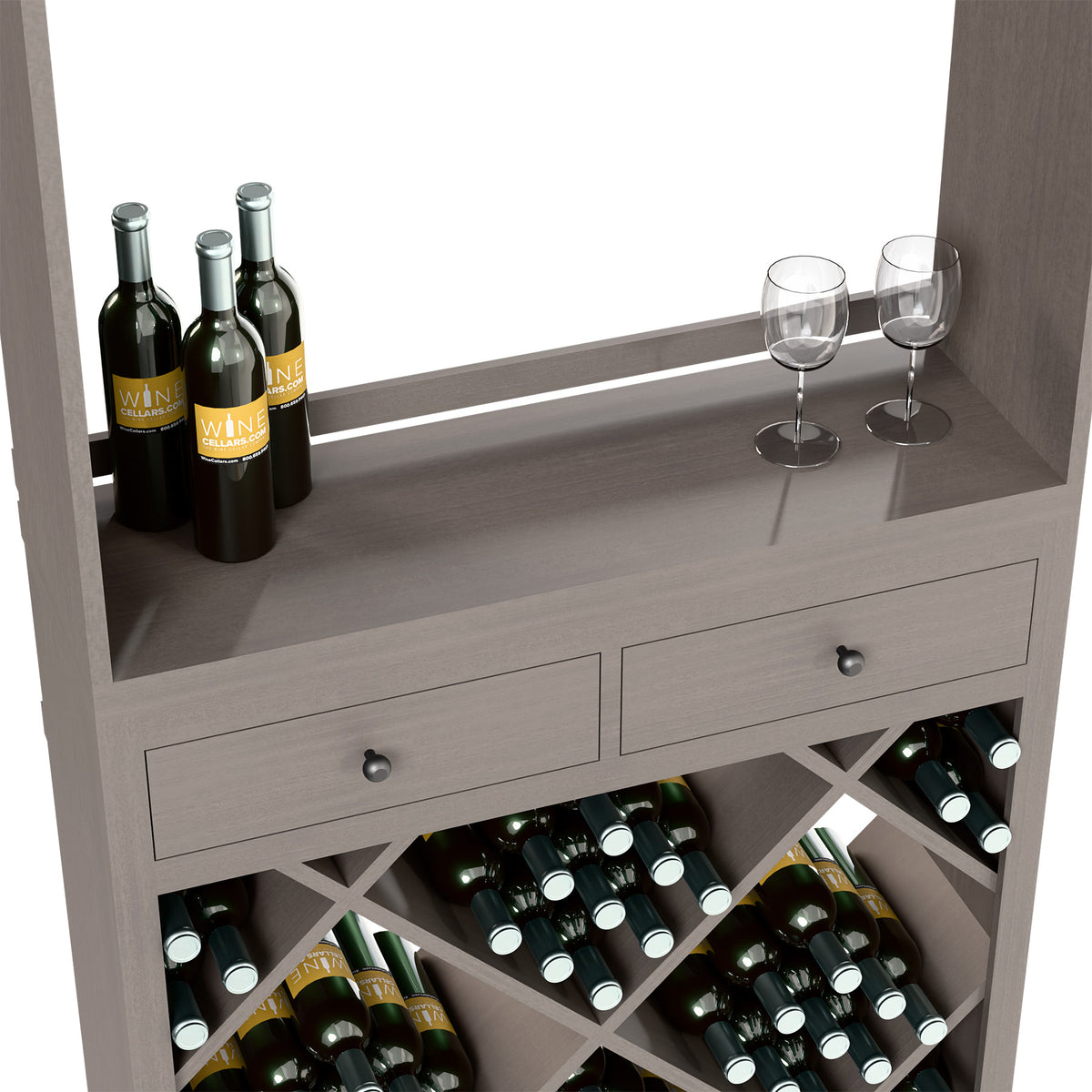 Gray cabinet front with two drawers and diagonal wine bottle cubbies