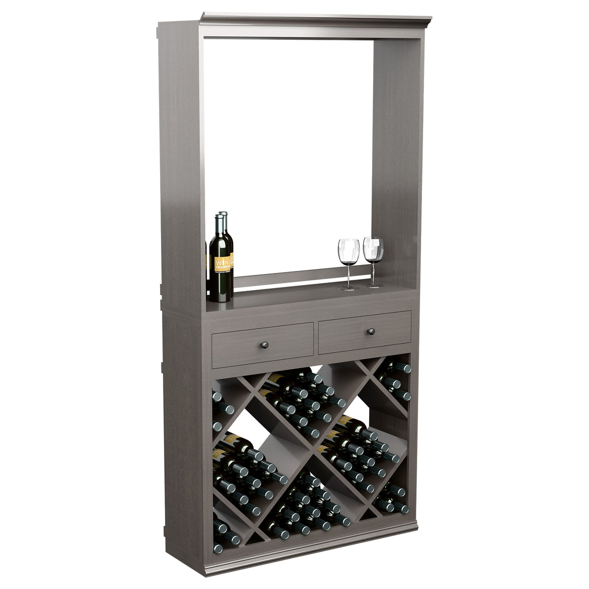 Gray wine tasting cabinet with mirror, bottle and glass display, and crisscross wine racks