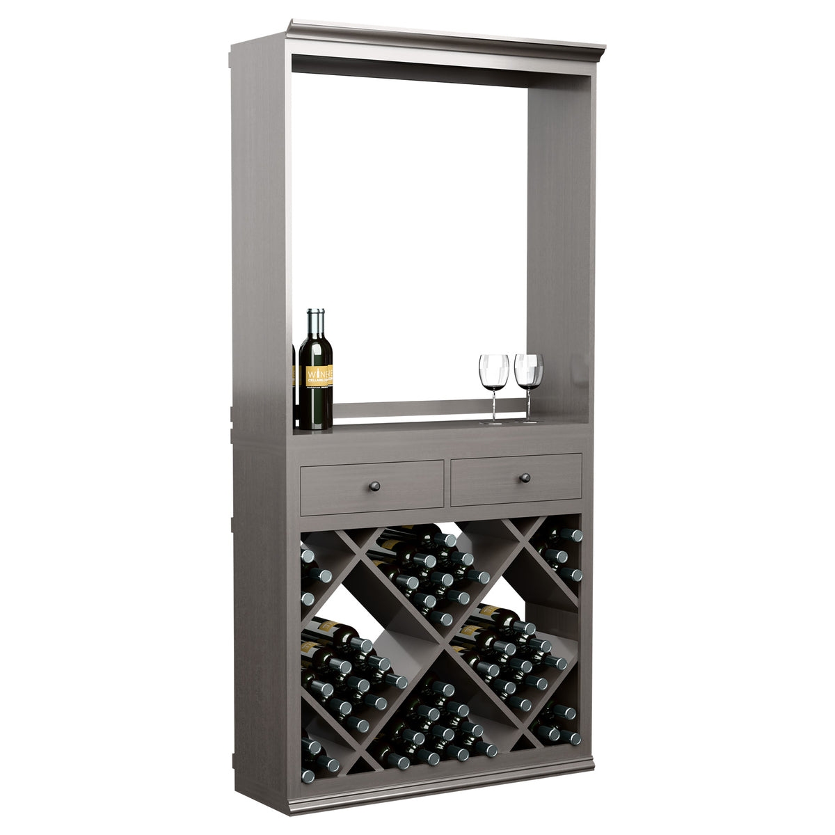 Gray wine tasting station cabinet with drawers, diamond bottle racks, and shelf glassware
