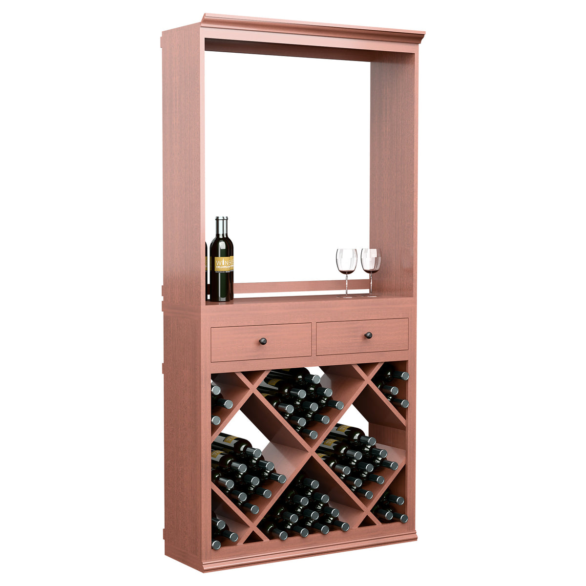 Red wine tasting station cabinet with bottle and glasses on top shelf above drawers