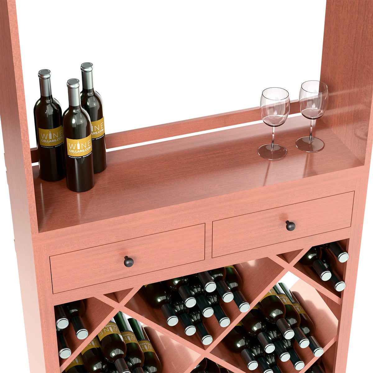 Red wine tasting station side view with bottles, two glasses, and diamond wine racks