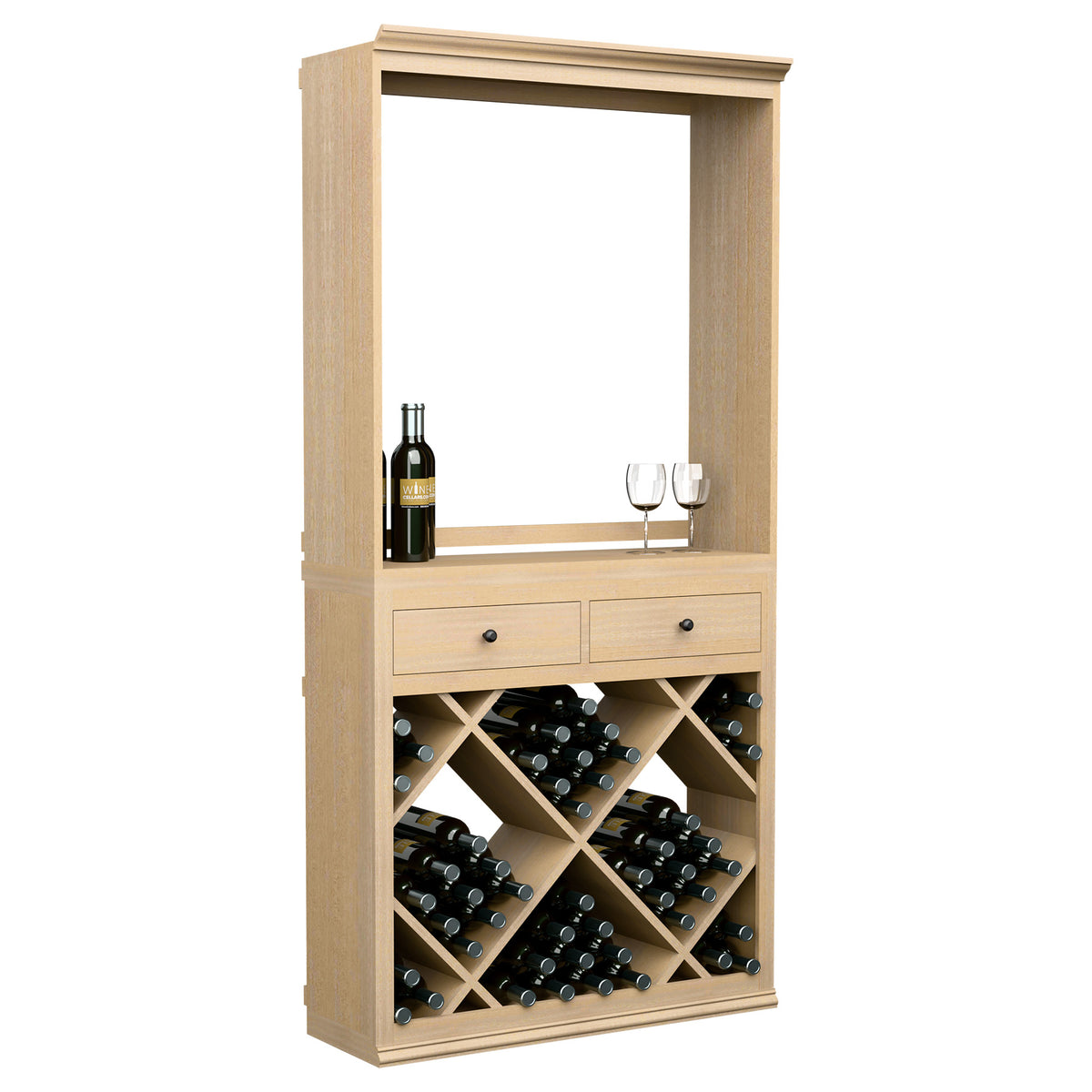 Light wood wine tasting station cabinet with bottle and glasses on shelf above diamond racks