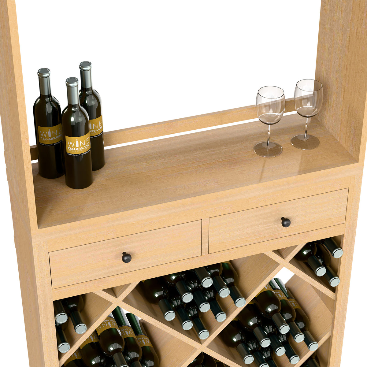 Light wood wine tasting station with drawers, bottle cubbies, and top wine glass holders.