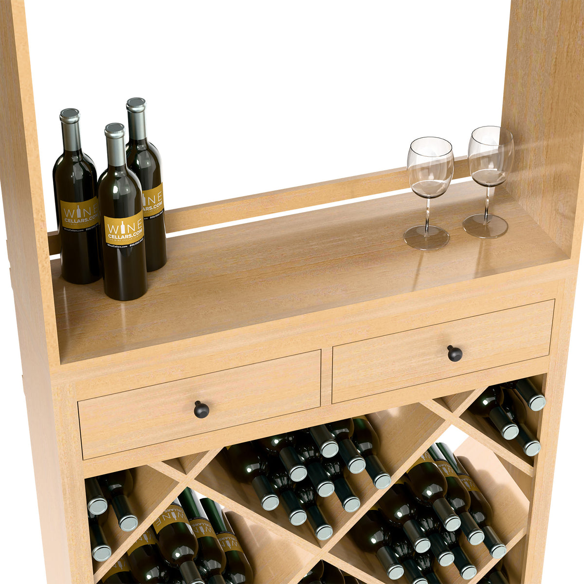 Light wood wine tasting station with countertop bottles, drawers, and open diagonal bottle storage.
