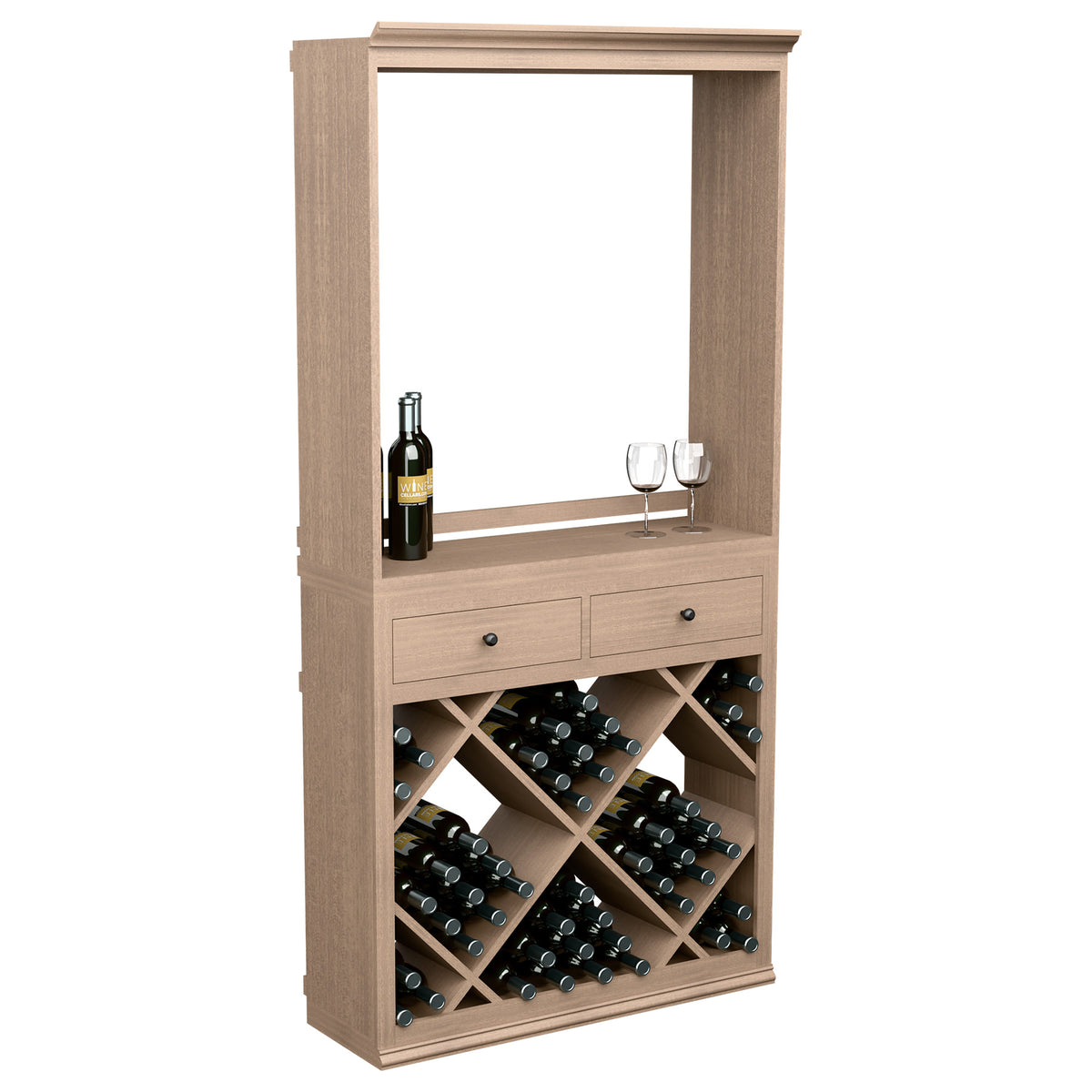 Light wood wine tasting cabinet with open frame, two front drawers, and diagonal wine racks.