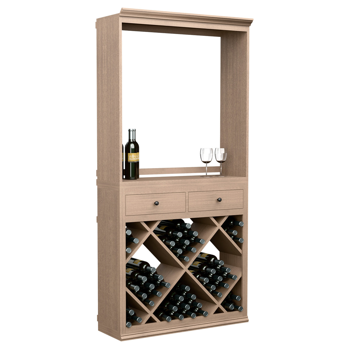 Light wood wine cabinet with open storage, two drawers, and bottle racks beneath the shelf.