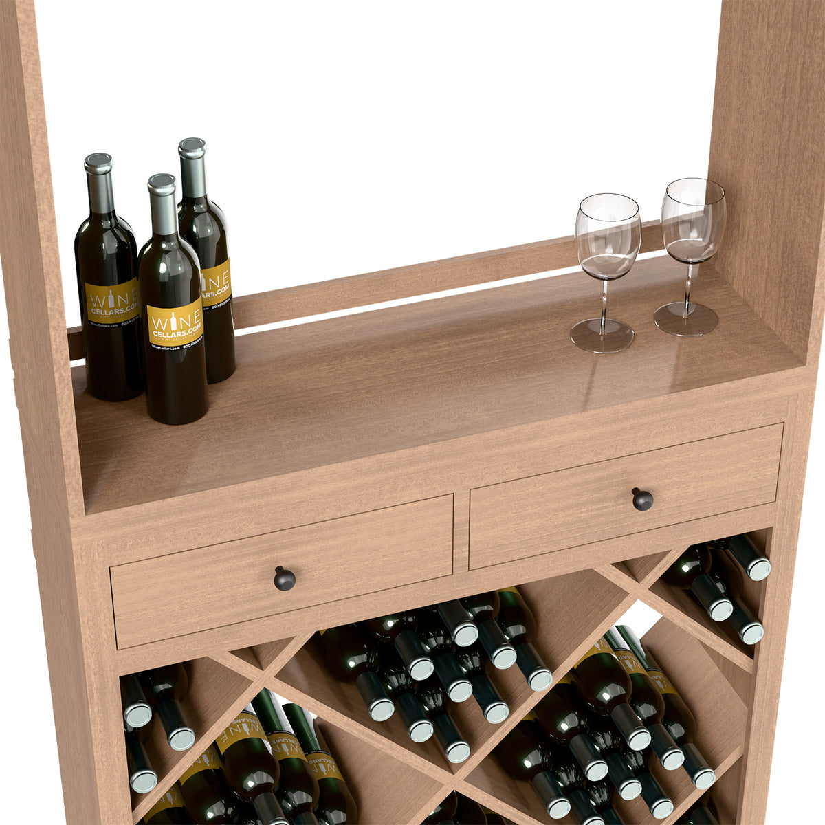 Light wood wine tasting station with bottles on top, two drawers, and diagonal bottle cubbies.