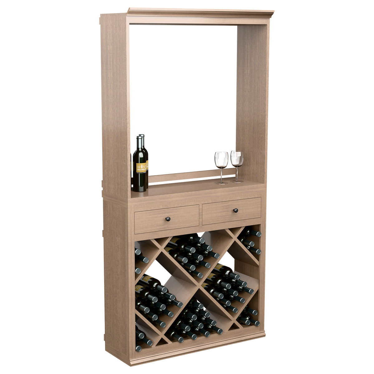 Light wood wine tasting cabinet with open front, two drawers, and crisscross bottle slots.