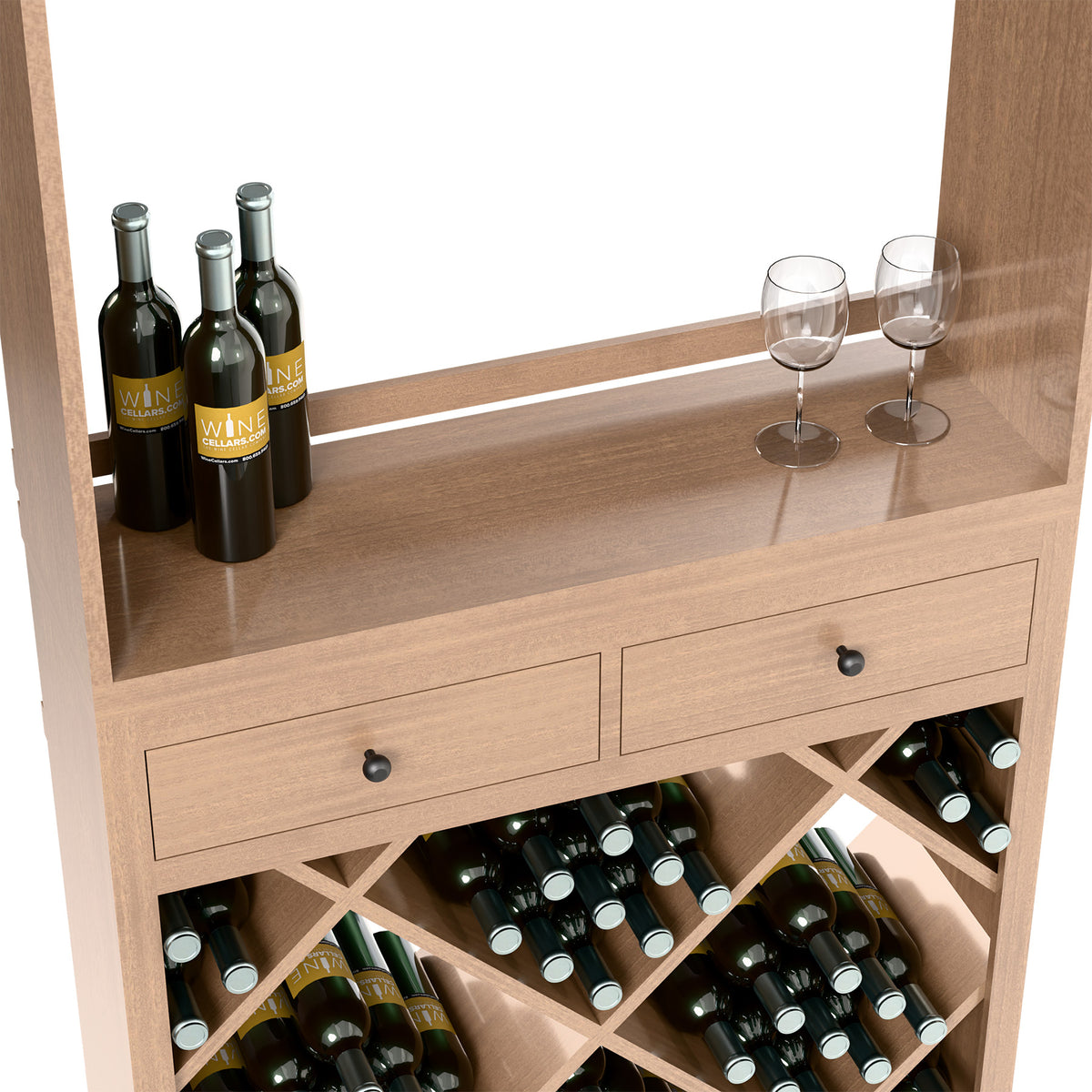 Light wood wine tasting station with top bottles and glasses, drawers, and diagonal bottle storage.