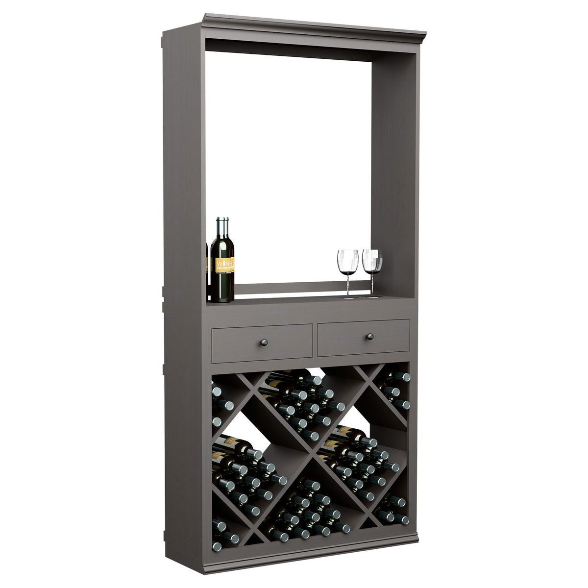 Gray wine tasting station cabinet with two drawers and diamond wine bottle rack