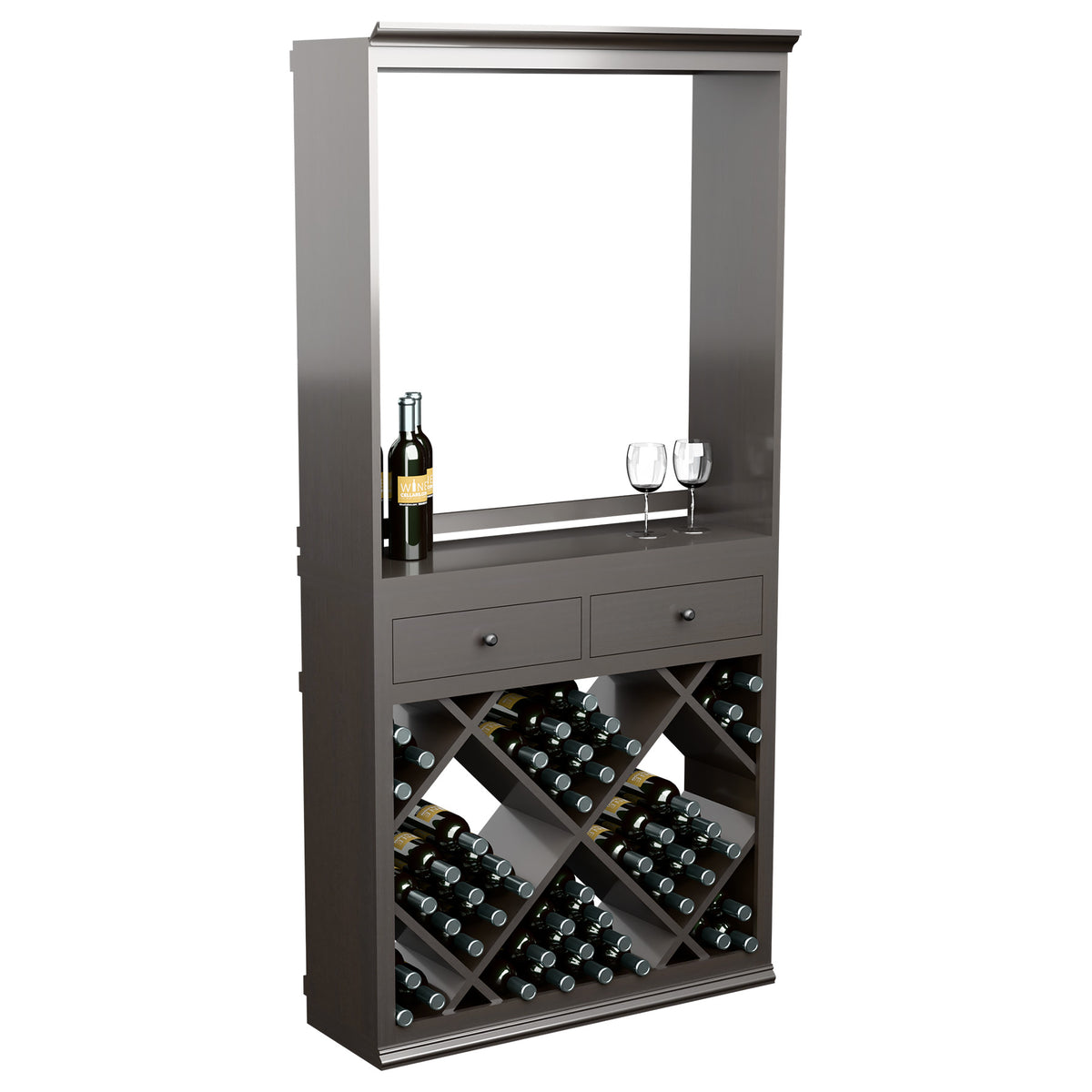 Gray wine tasting station cabinet with glassware, two drawers, and diamond bottle rack