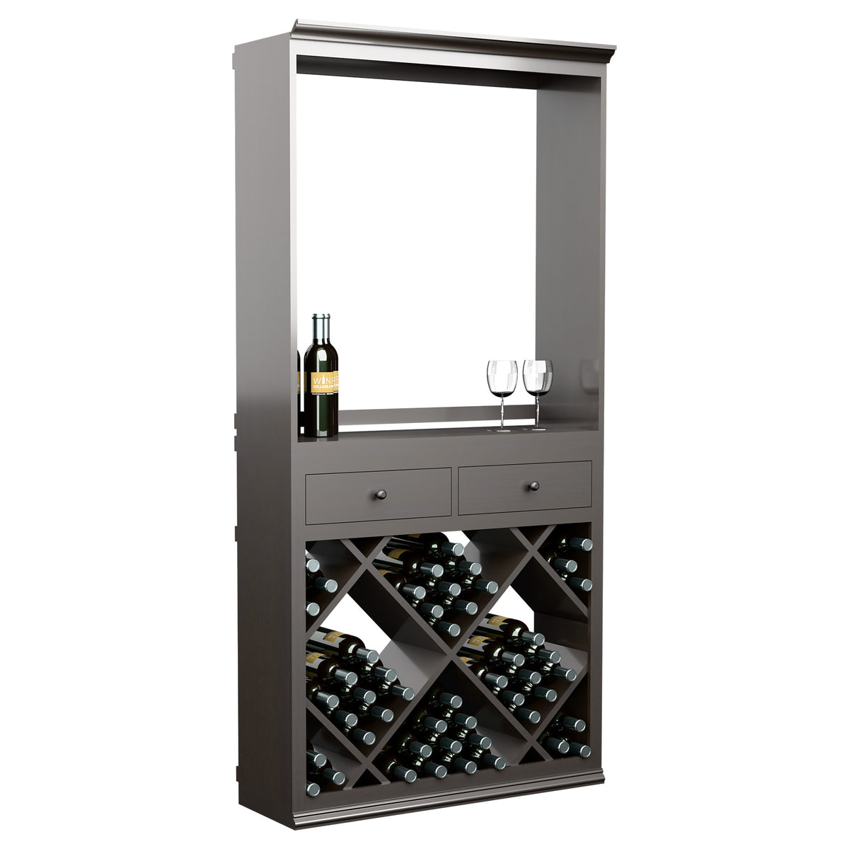 Gray wine tasting station cabinet with open front, two drawers, and diamond bottle rack