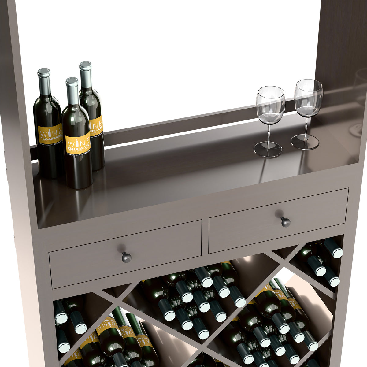 Gray wine tasting station close-up with two drawers, bottle storage, and open top shelf