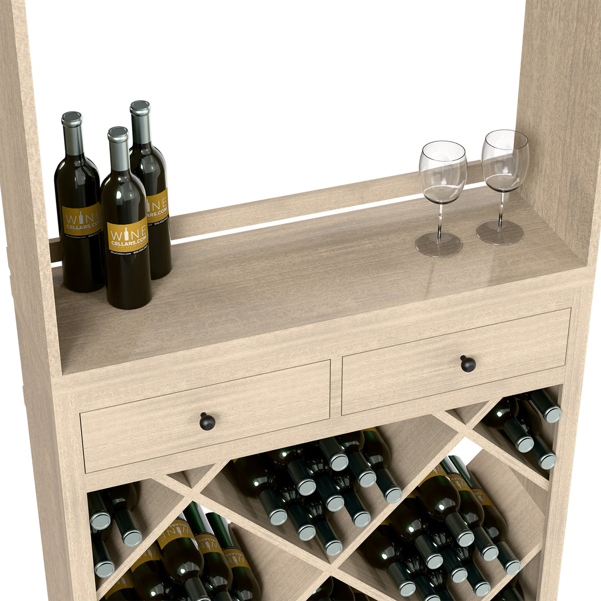 Light wood wine tasting station close-up with two drawers and diamond bottle rack