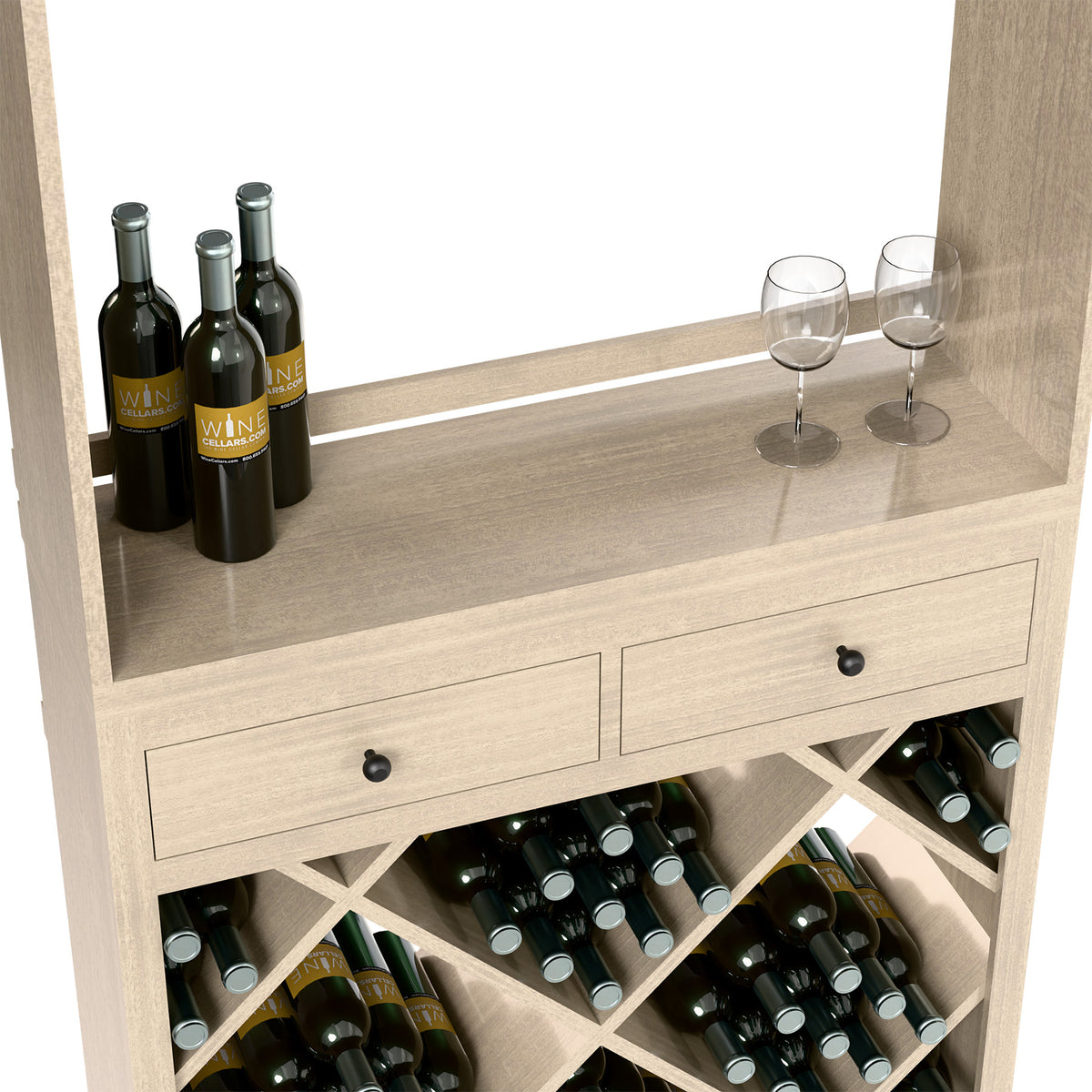 Light wood wine tasting station with front drawers and diamond bottle rack holding bottles