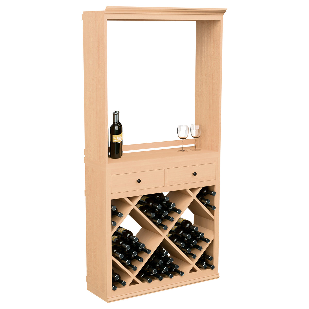 Light wood wine tasting station cabinet with drawers and diamond bottle rack, bottle and glasses