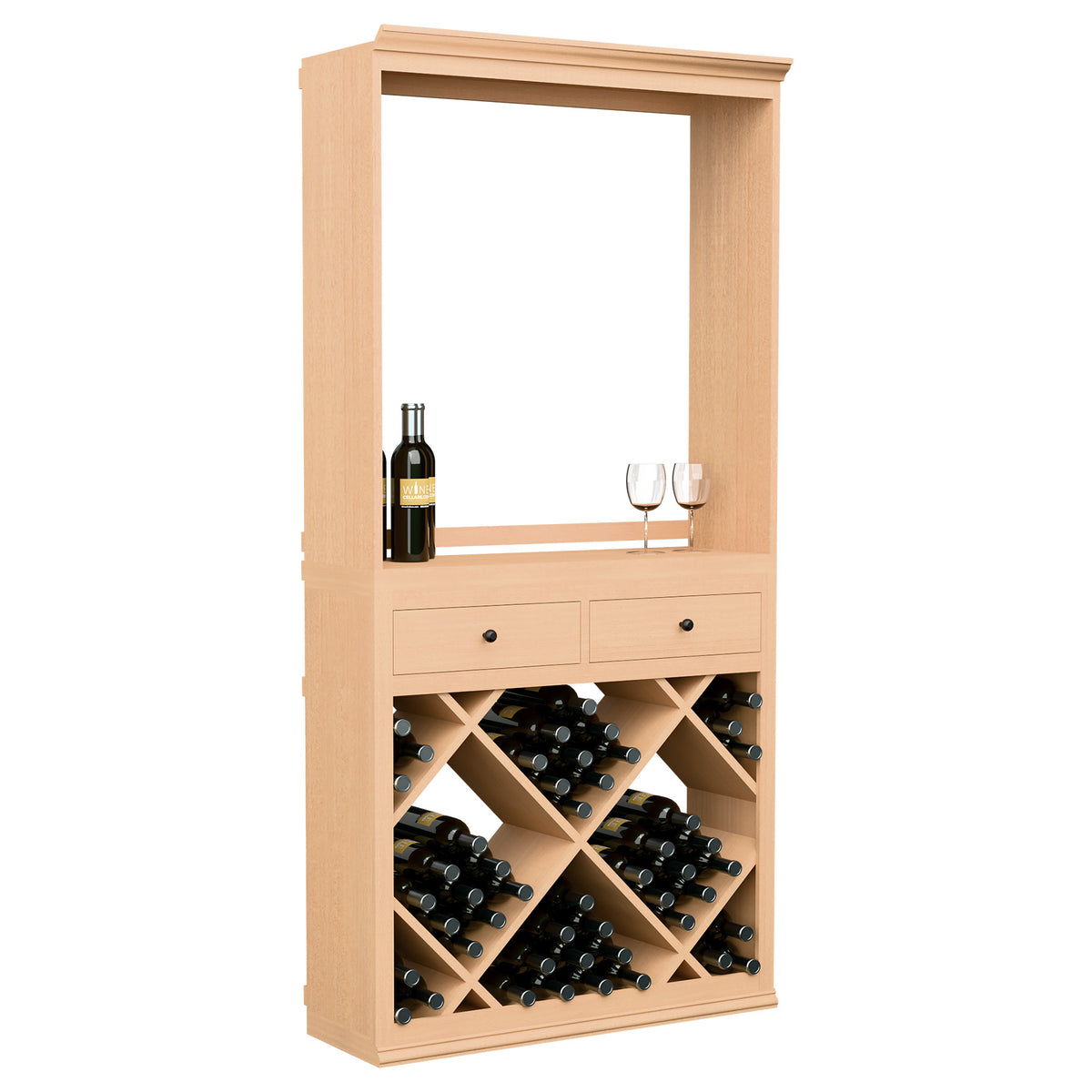 Light wood wine tasting station cabinet with open top frame, drawers, and diamond bottle rack