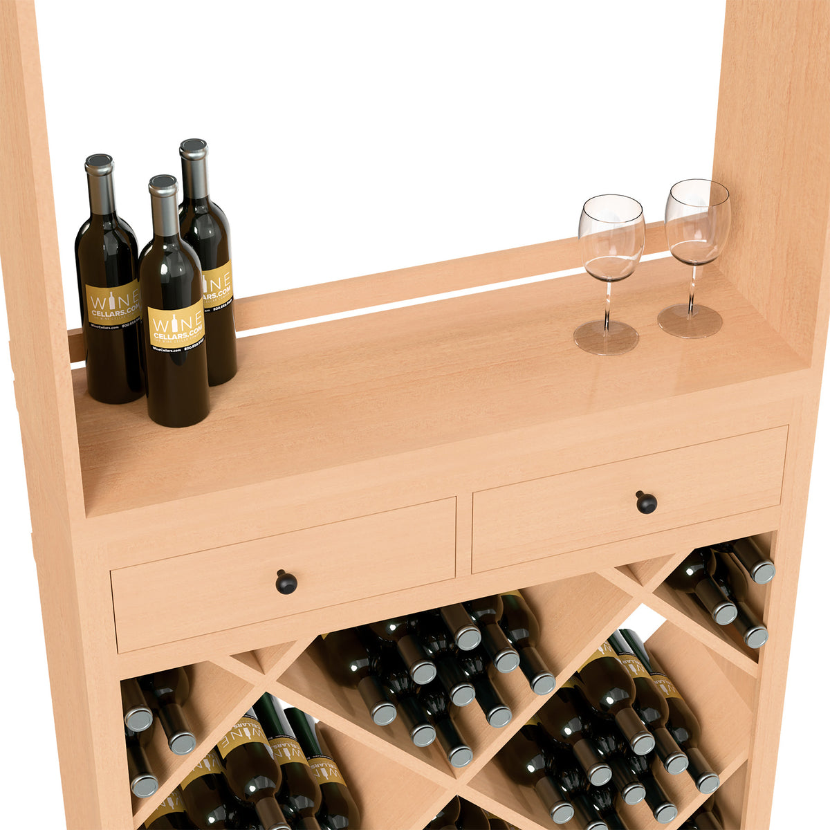Light wood wine tasting station with drawers, diamond bottle rack, bottles and stemmed glasses