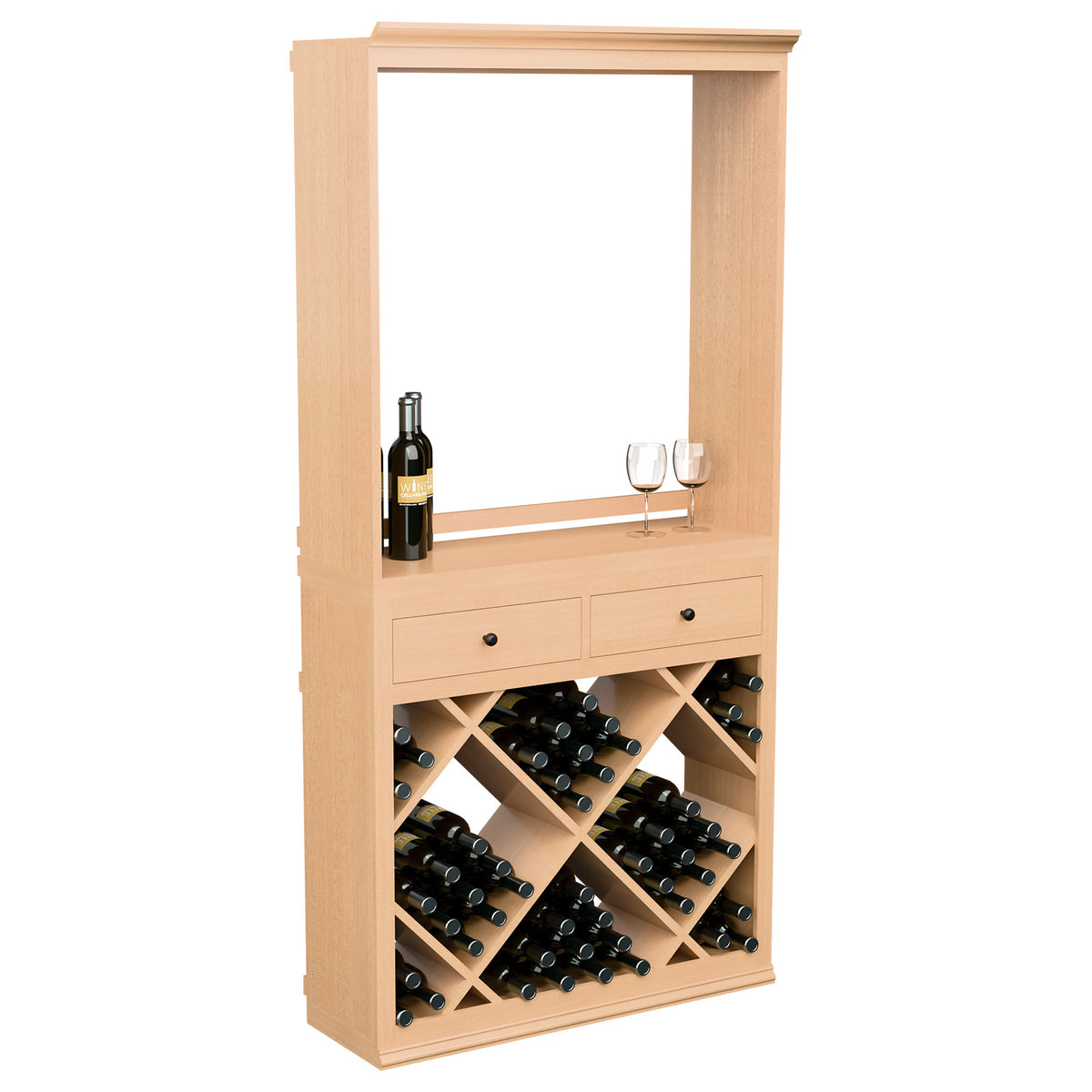 Light wood wine tasting station cabinet with drawers and diamond bottle rack, bottle and glasses