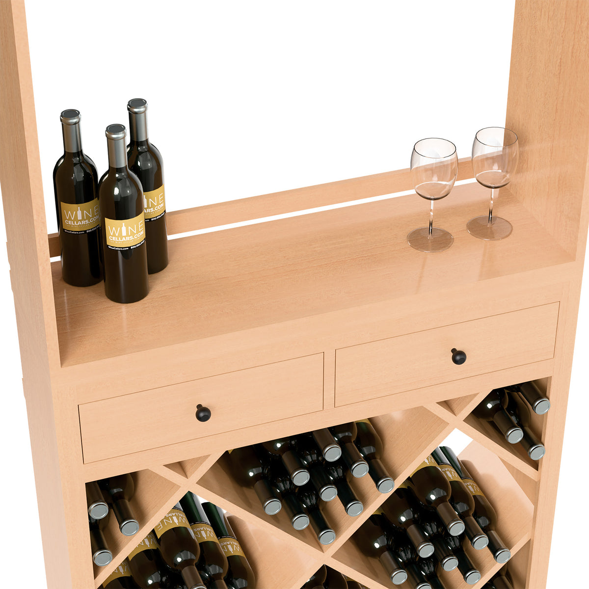 Light wood wine tasting station with front drawers and diamond bottle rack holding wine bottles