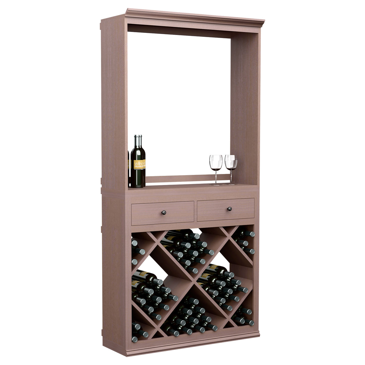 Dark-stained wine tasting station cabinet with open frame, drawers, and diamond bottle rack