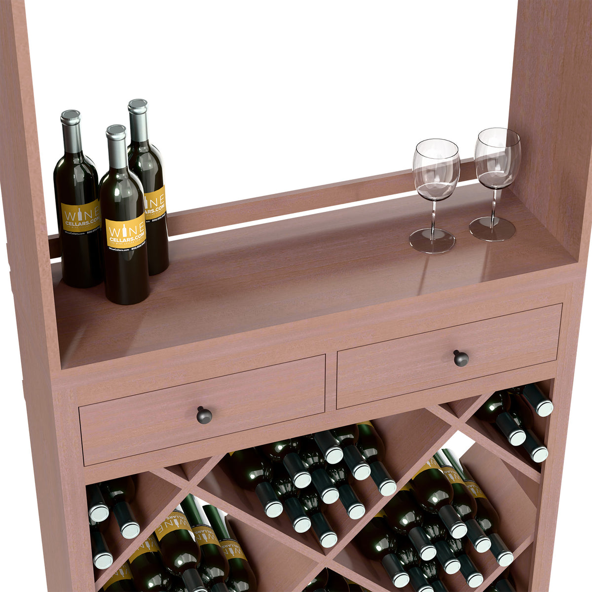 Wine tasting station cabinet with drawers, dark wood, bottle cubbies and wine glasses on top