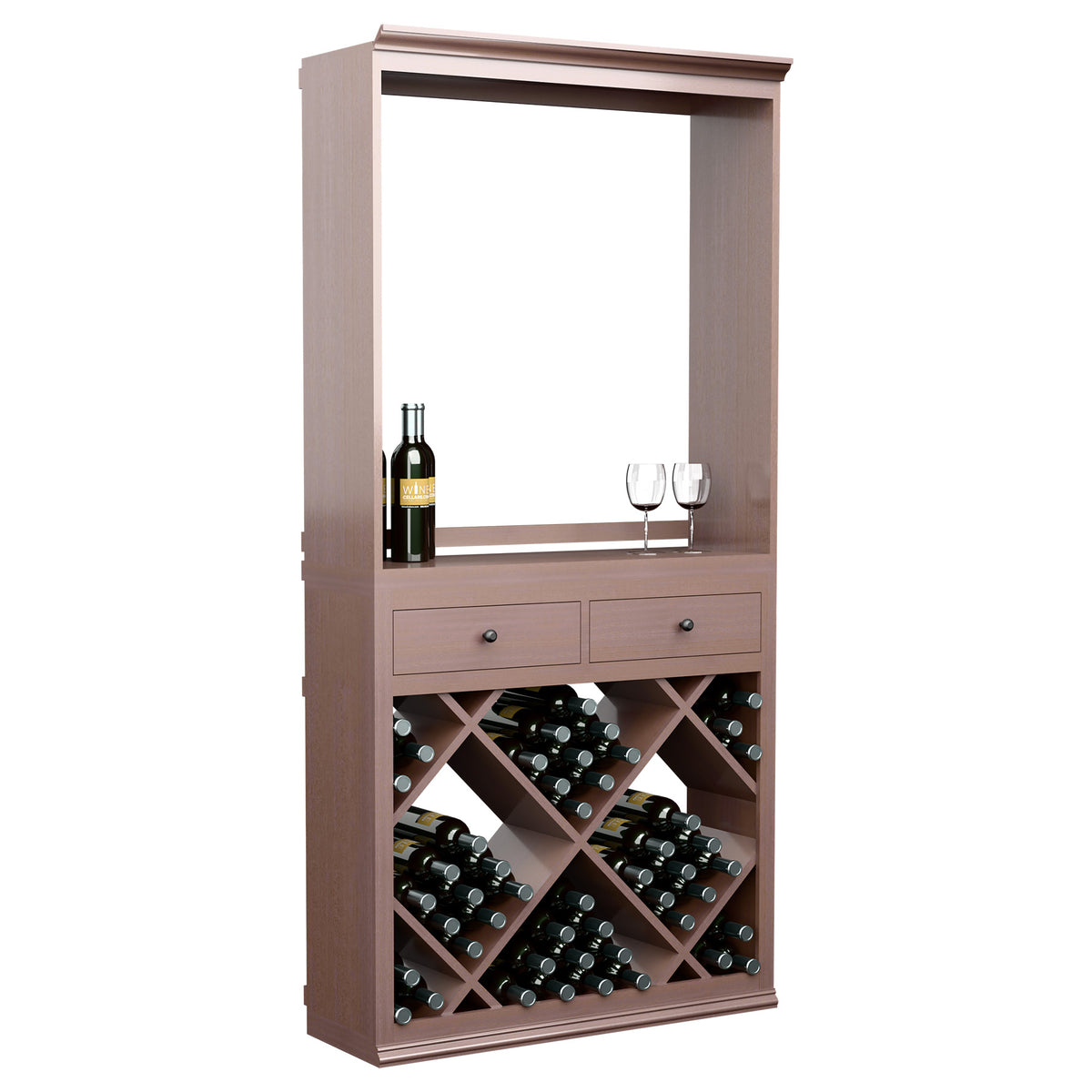Wine tasting station cabinet with drawers, light wood, bottle and glasses in open front
