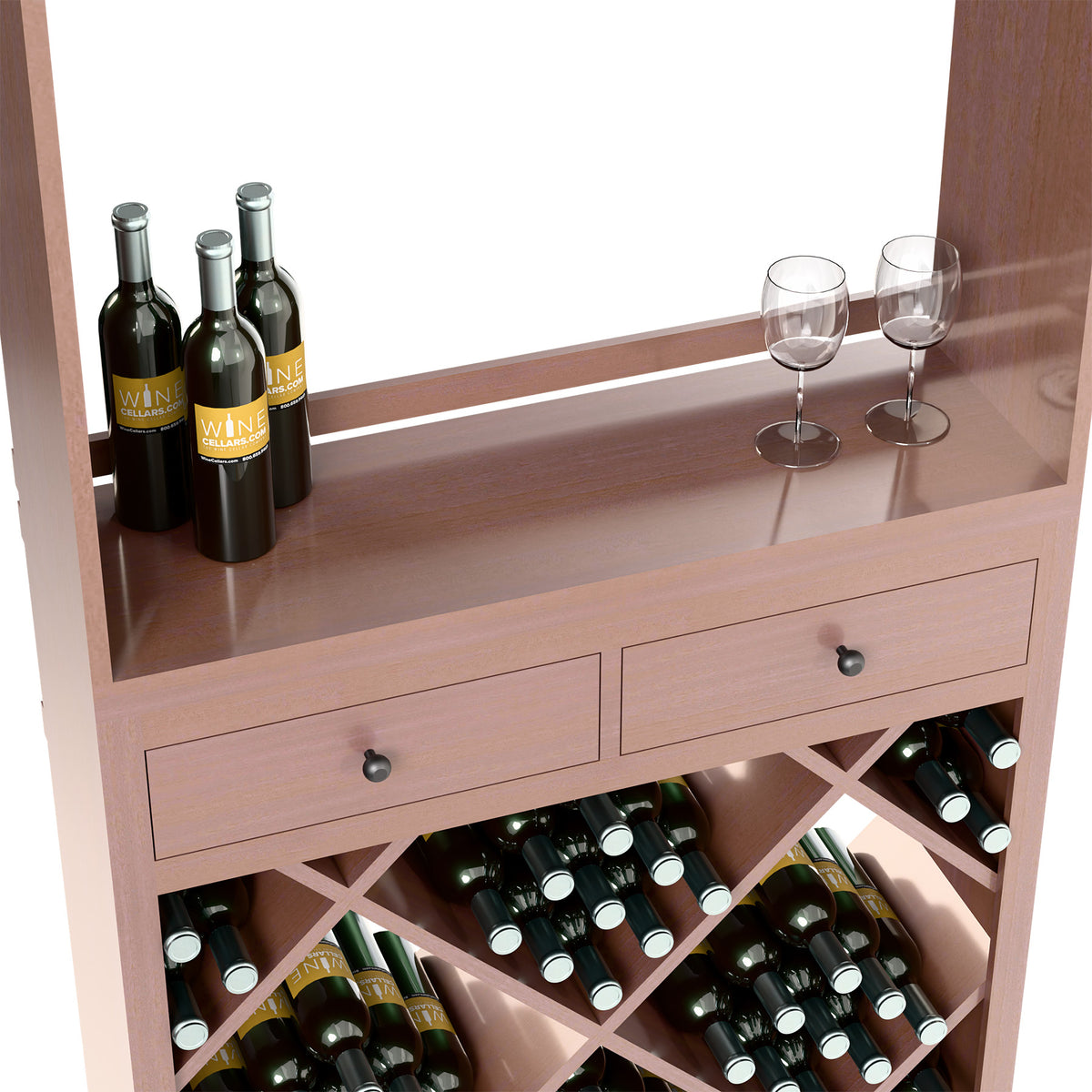 Wine tasting station cabinet with drawers, dark wood, wine bottles and glasses on top with storage