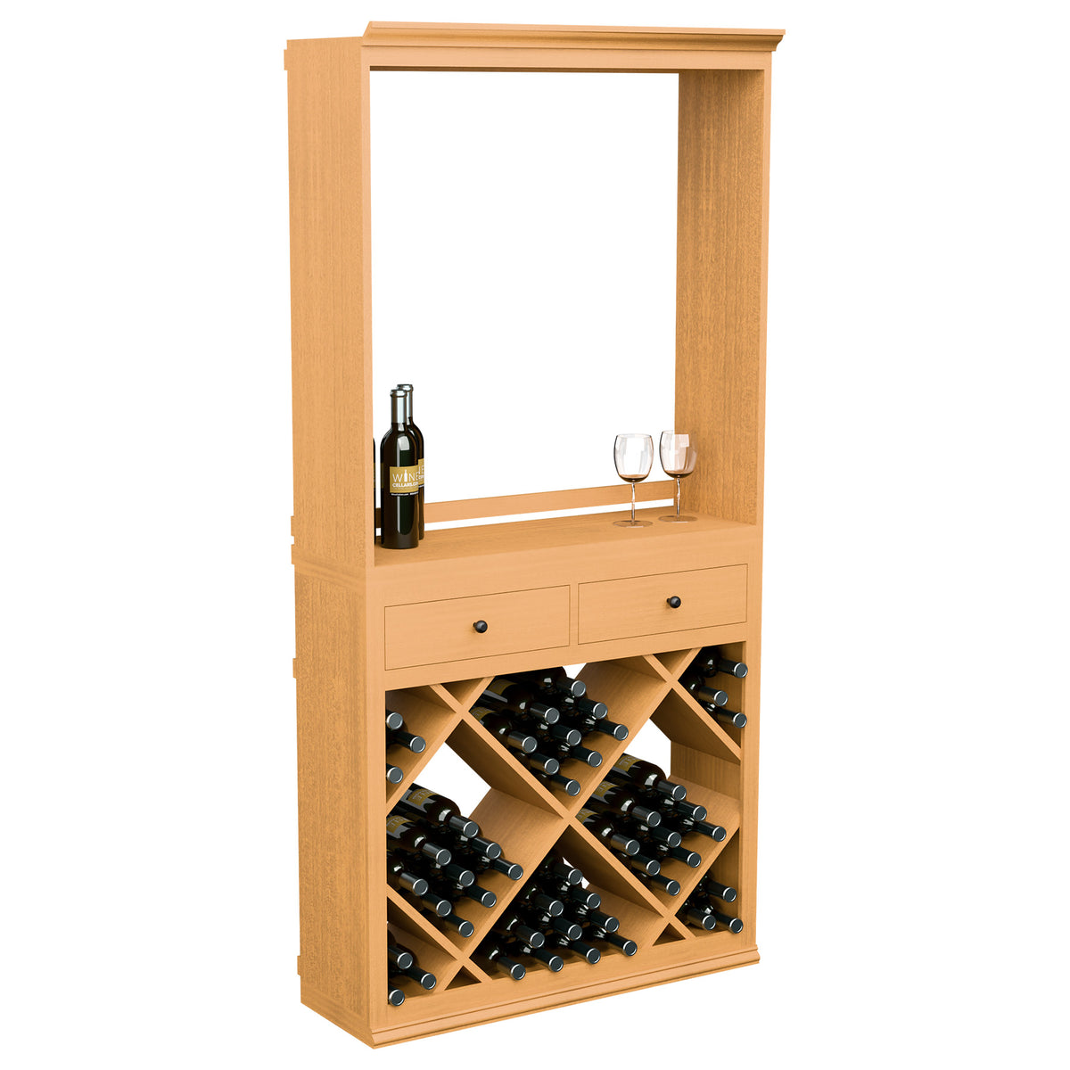 Wine tasting station cabinet with drawers, light wood, bottle and glasses on top over cubby storage