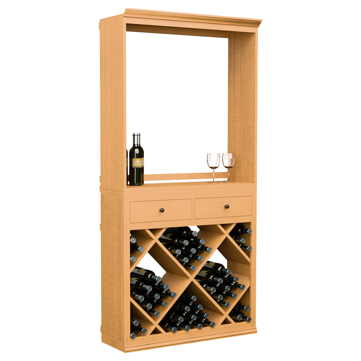 Wine tasting station cabinet with drawers, light wood, open front with bottle storage in base