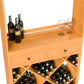 Wine tasting station cabinet with drawers, dark wood, wine bottles and glasses on top; bottles below