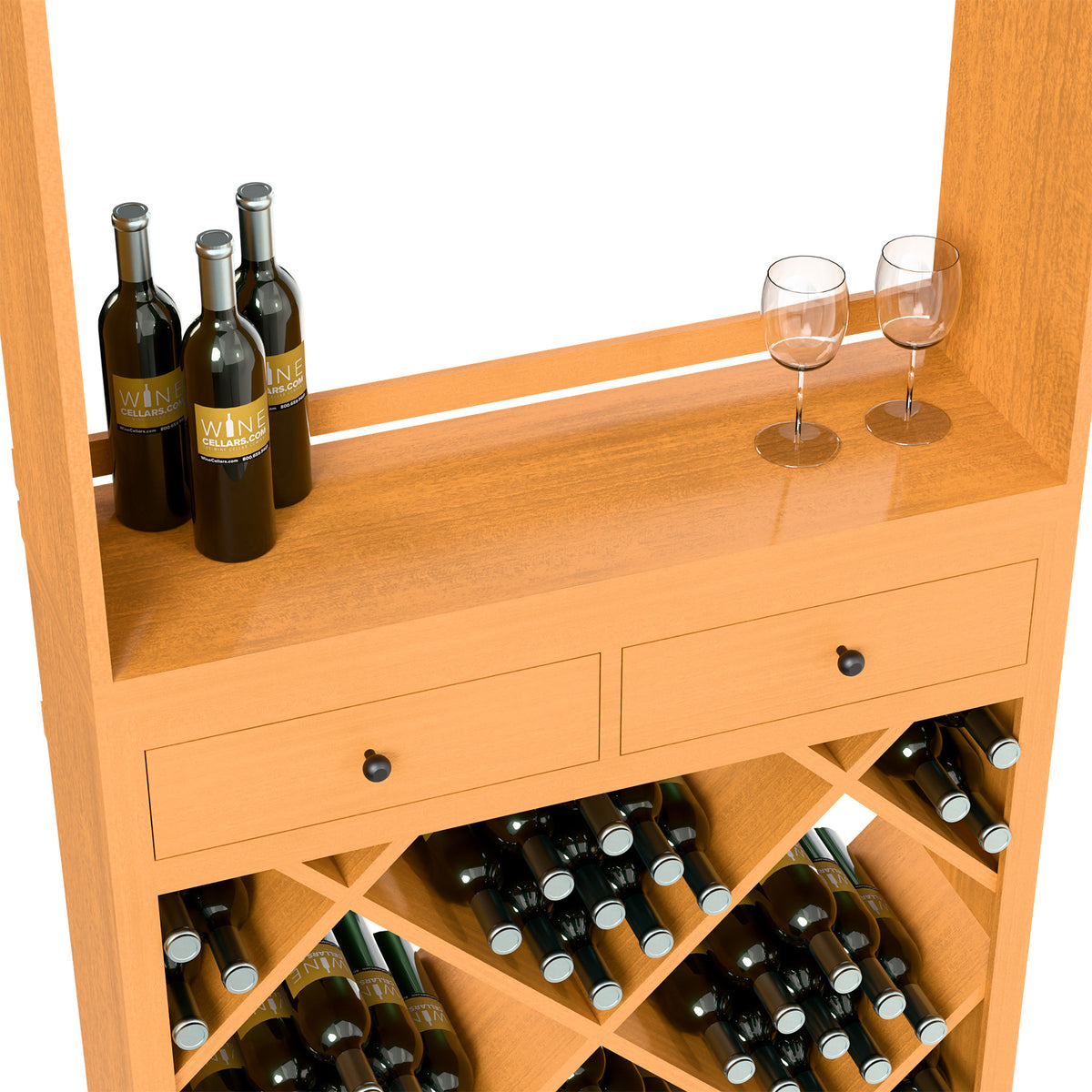 Wine tasting station cabinet with drawers, dark wood, wine bottles and glasses on top; bottles below