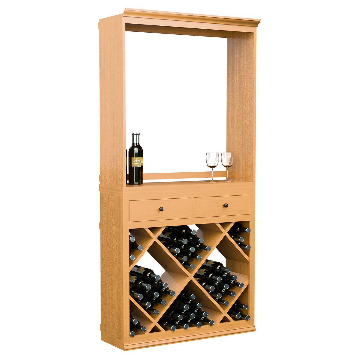 Wine tasting station cabinet with drawers, light wood, bottle and glasses in open front; cubbies below